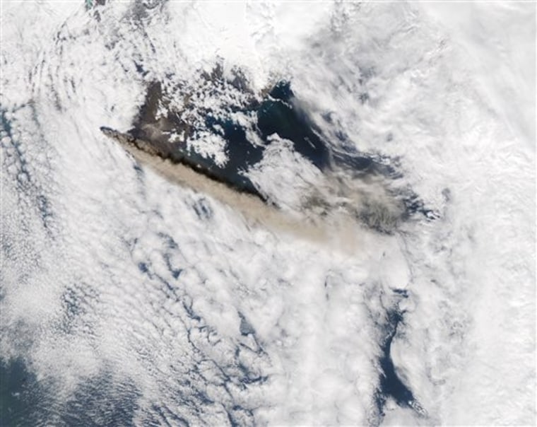 This image provided by NASA shows the plume of ash from Iceland's Eyjafjallajokul volcano reaching a height of 2-3 miles earlier this week.